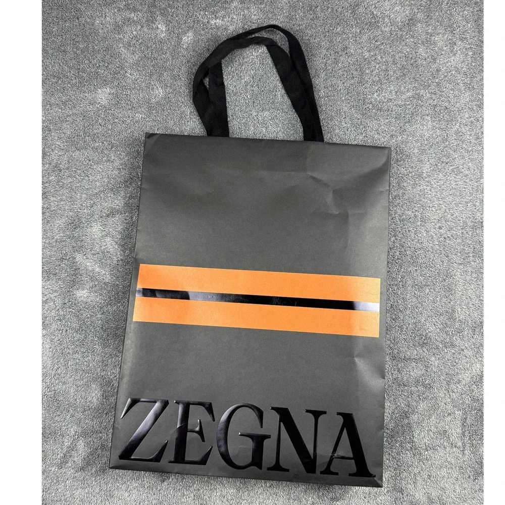 Zegna‎ Black Orange Stripe Embossed Logo Large Paper Shopping Gift Bag 18.5x13.5